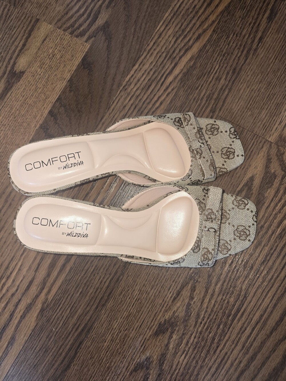 Beige Patterned Slide Sandals